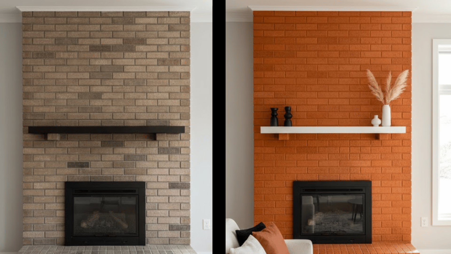 before and after view left side shows dull tan brick right side is painted warm orange with a white mantel shelf