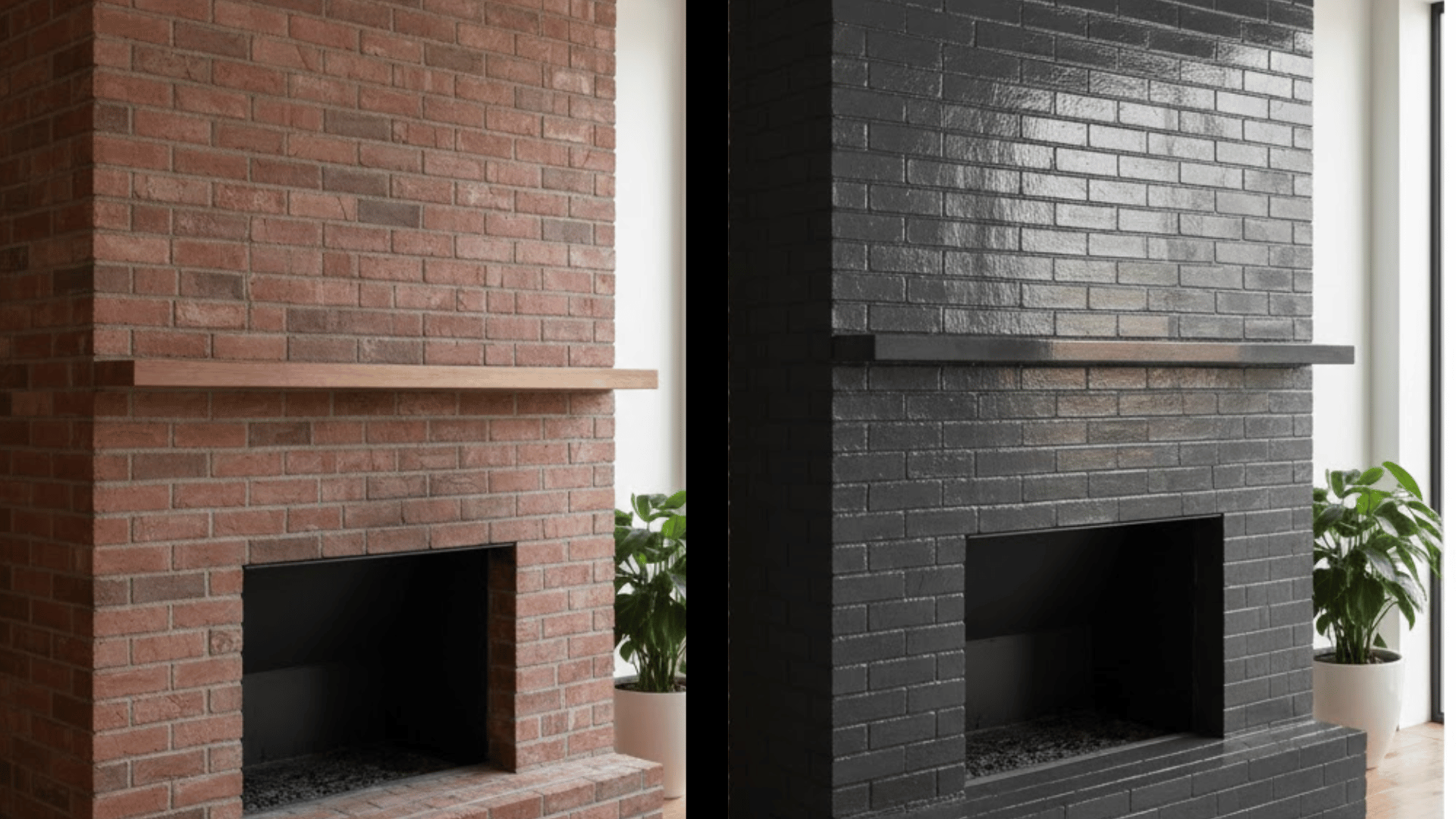 before and after view left side shows rough red brick right side is painted high-gloss black with sleek shine