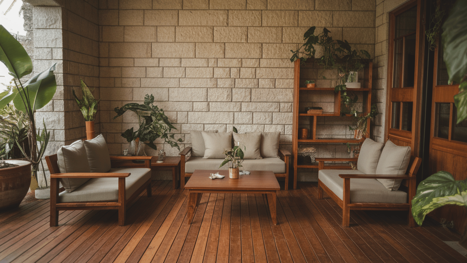 biophilic living room with wooden furniture, plants.