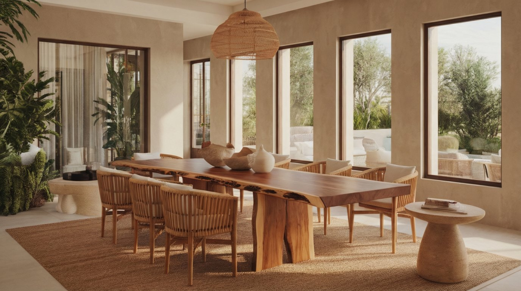 biophilic transitional dining room with large windoes to oet in light