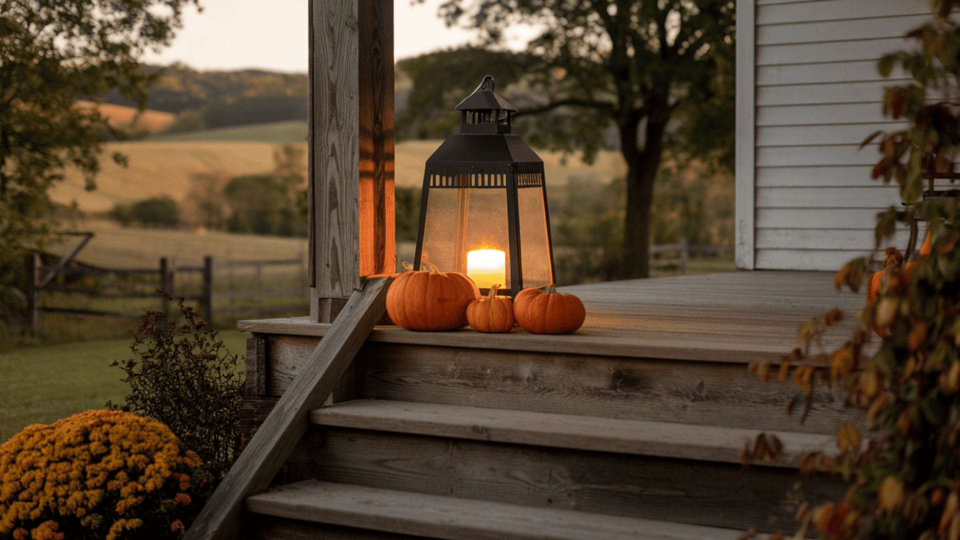 black metal lantern placed beside a pumpkin cluster on a farmhouse porch for fall styling