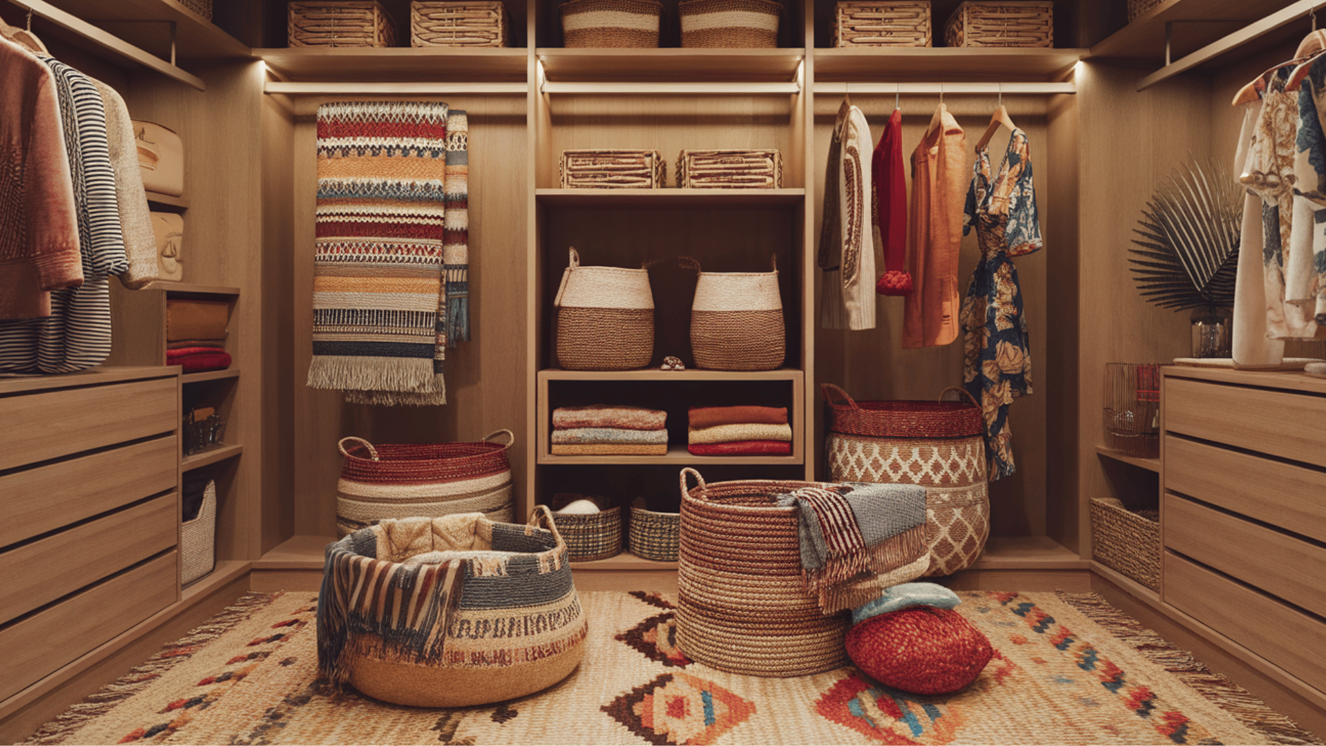 bohemian chic closet with woven baskets, rattan textures, and colorful rugs for a cozy, eclectic vibe