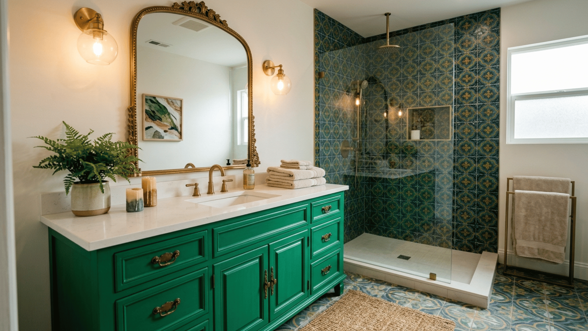 bold patterned tile shower with green vanity, gold mirror, and modern lighting in a stylish bathroom.