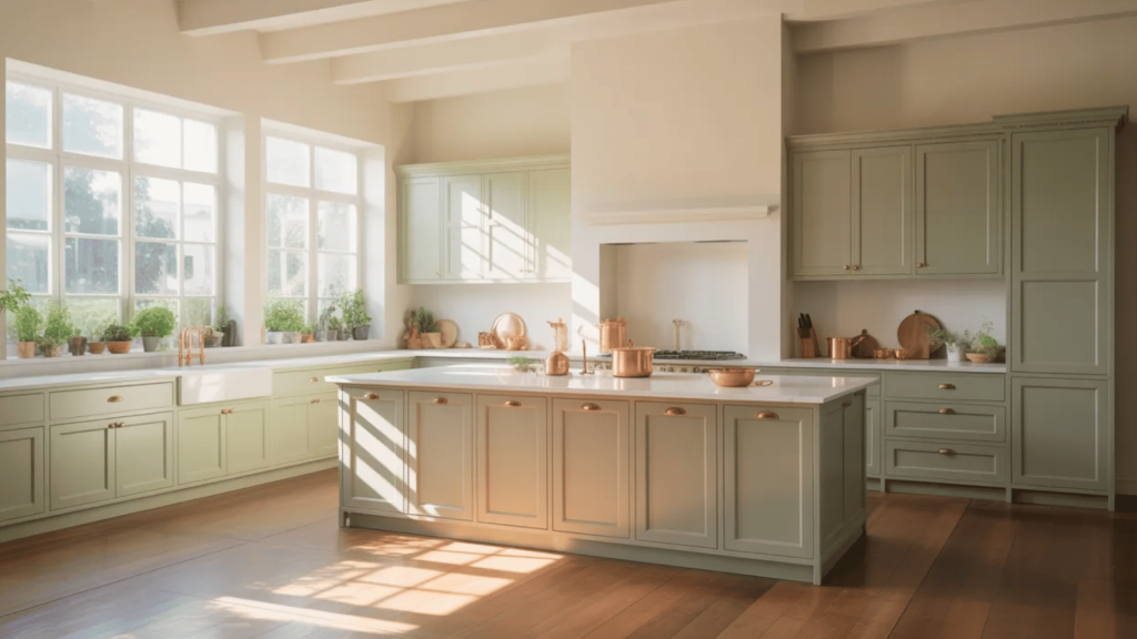 bright, airy kitchen with sage green cabinets, large island, copper pots, and white beamed ceiling
