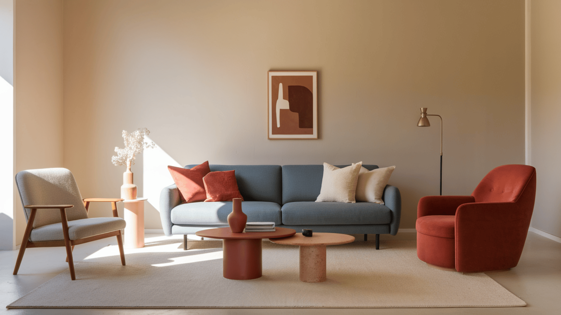 bright airy living room with blue sofa, rust armchair, abstract wall art, nested coffee tables, and warm sunlight streaming in