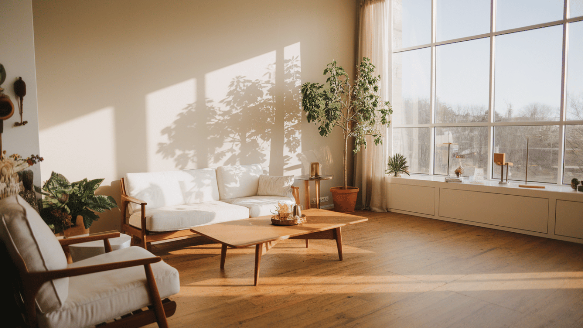 bright living room with large windows, plants, and sunlight streaming through