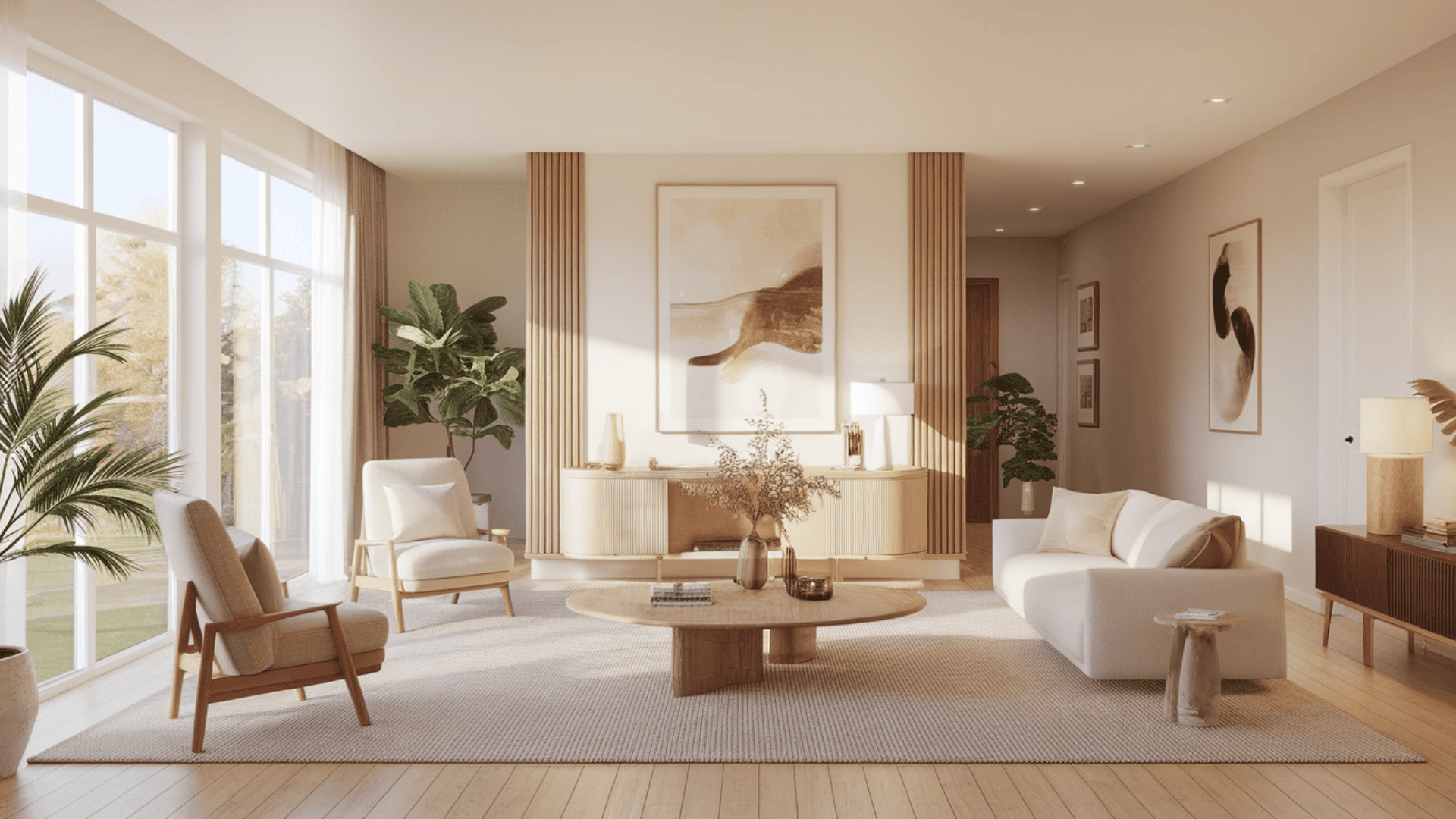 bright modern home interior with balanced layout, open walkways, indoor plants, and natural light reflecting feng shui principles