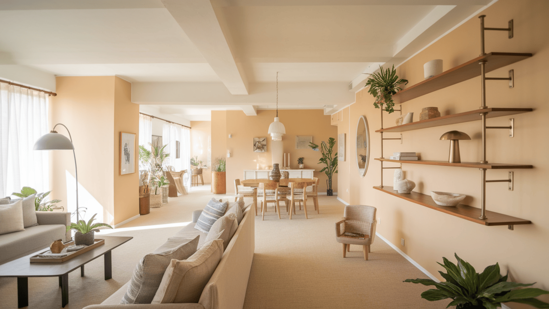 bright open concept living and dining space with warm neutral tones repeated wood finishes and balanced layout