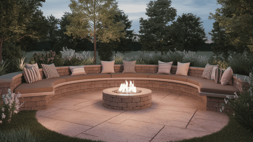 built-in bench seating along a patio edge with cushions, saving space and keeping the seating layout neat.