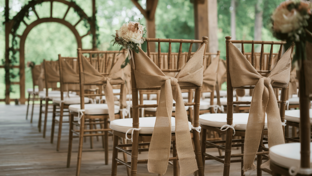 burlap chair sashes with floral accents at a rustic outdoor wedding ceremony setup.