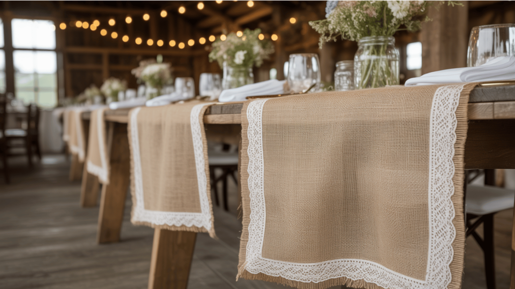burlap table runners with lace edges on wooden table (1)