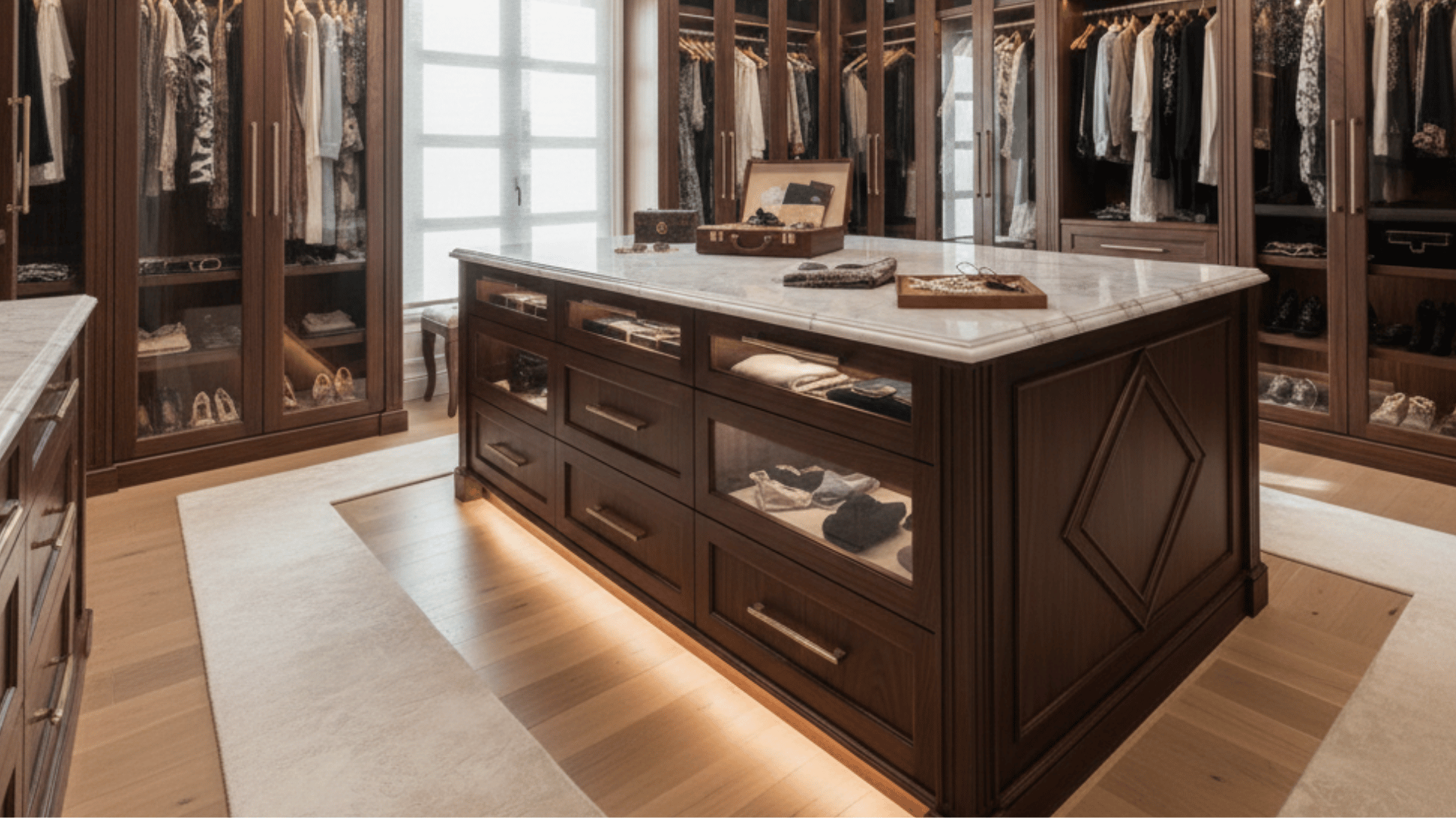 center island in walk-in closet with drawers and shelves for added storage space