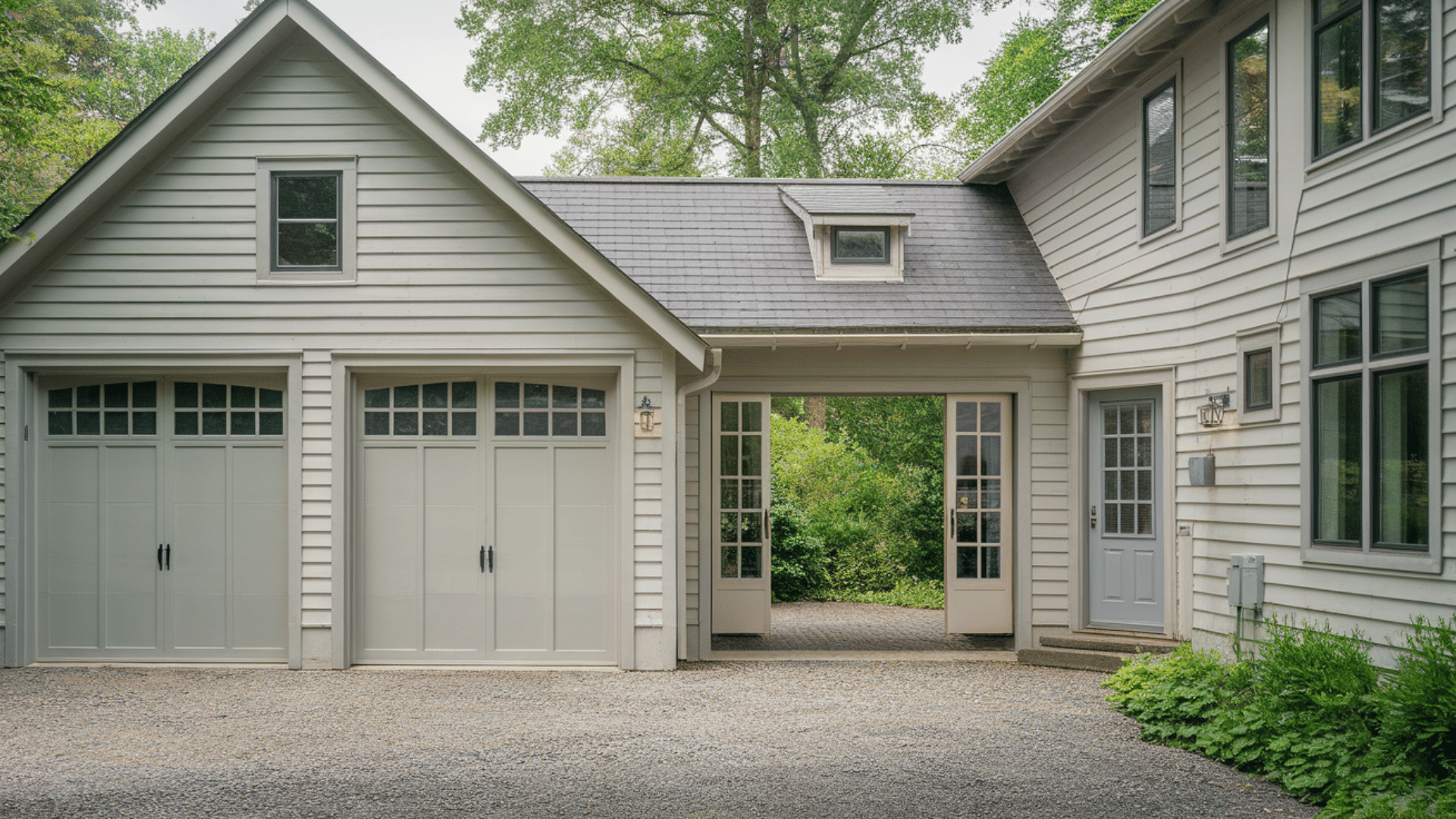 charming detached garage with breezeway offering privacy and style