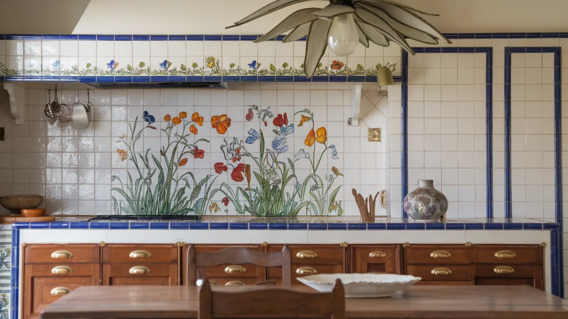 charming kitchen featuring colorful, hand-painted tiles with a floral design, complemented by rustic wooden cabinets