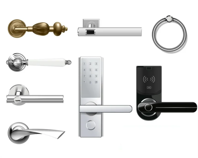 Various door handle designs in different styles and finishes on white background