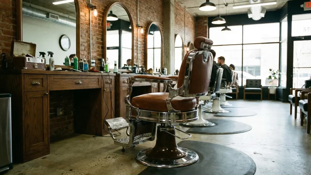 classic adjustable leather barber chair in a modern well-lit barbershop with mirrors and grooming tools in background