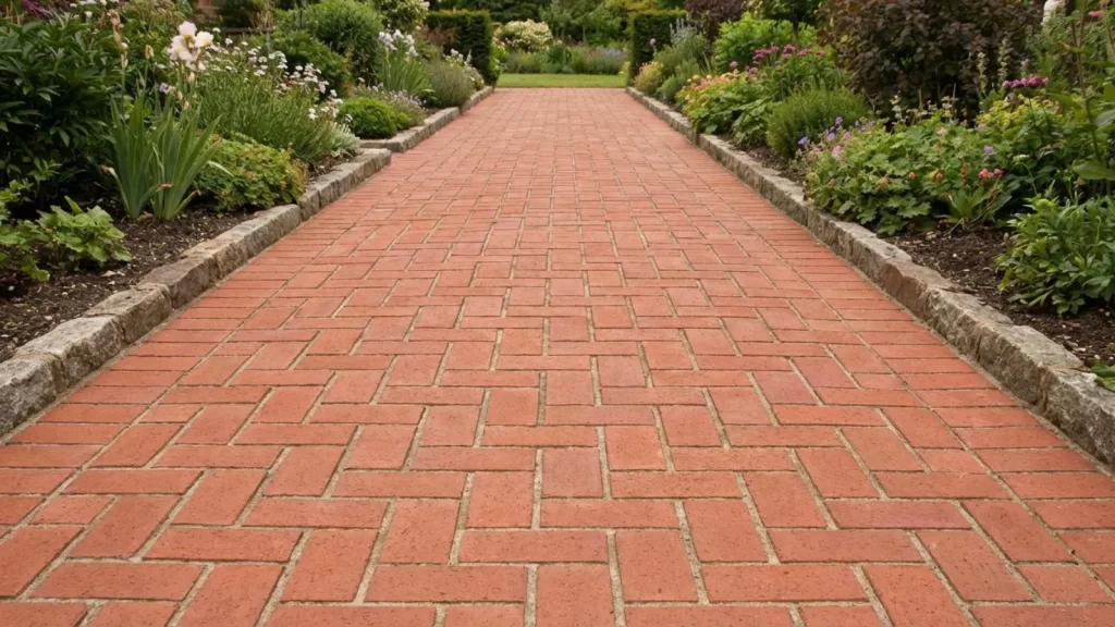 clay bricks in a running bond pattern forming a straight garden path with edging