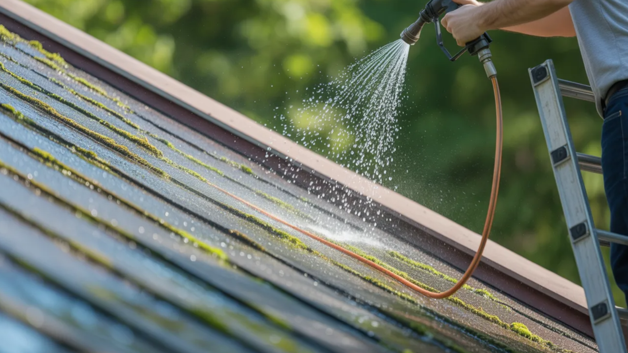 close up of a person spraying water onto a moss covered roof using a hose nozzle while standing on a ladder