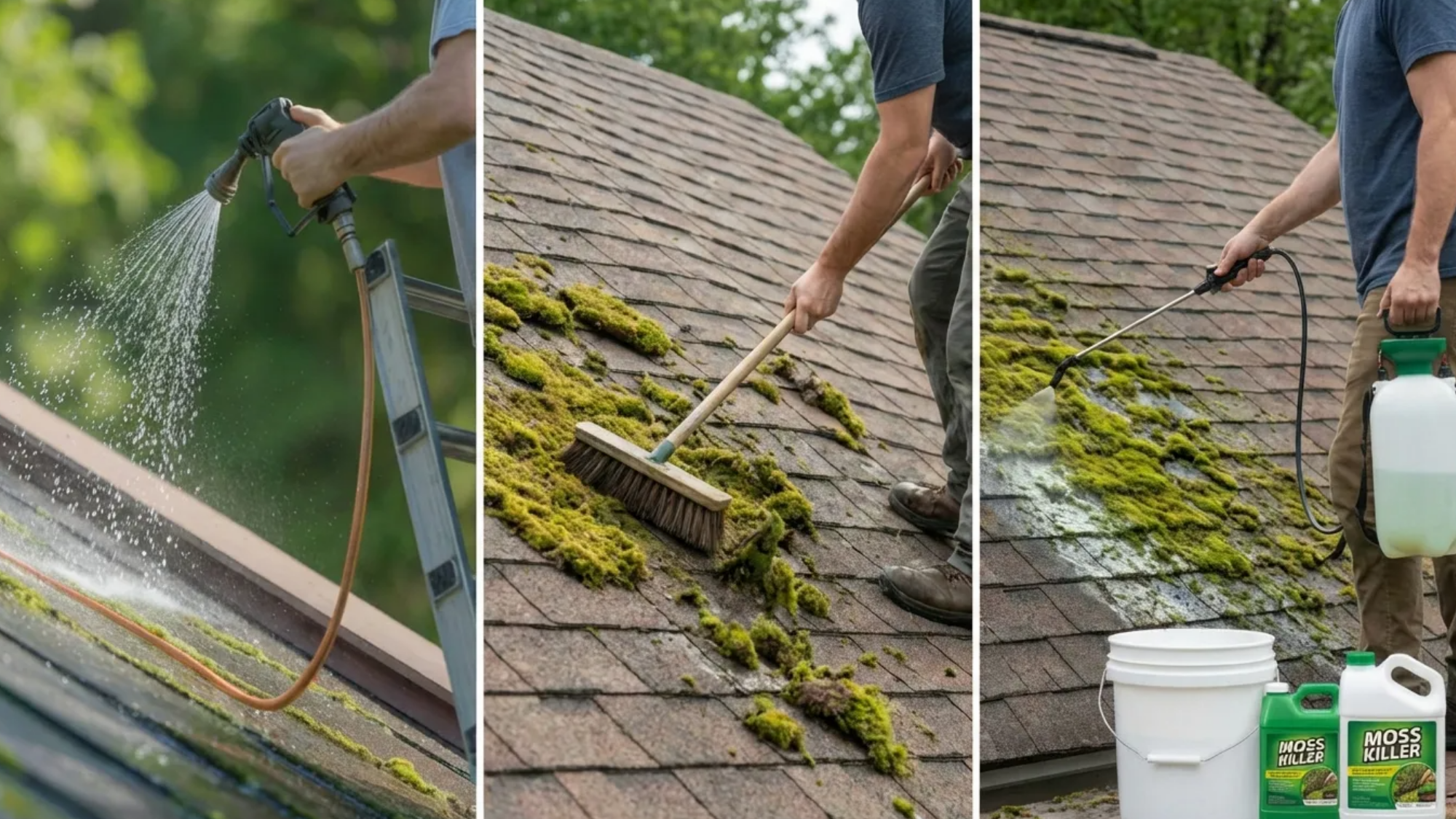 close up of a person spraying water onto a moss covered roof using a hose nozzle while standing on a ladder
