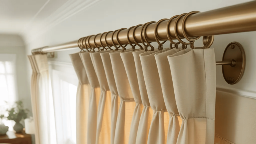 close-up of beige curtains hanging from a gold curtain rod with rings, gently folded in pleats, with natural light streaming through the fabric