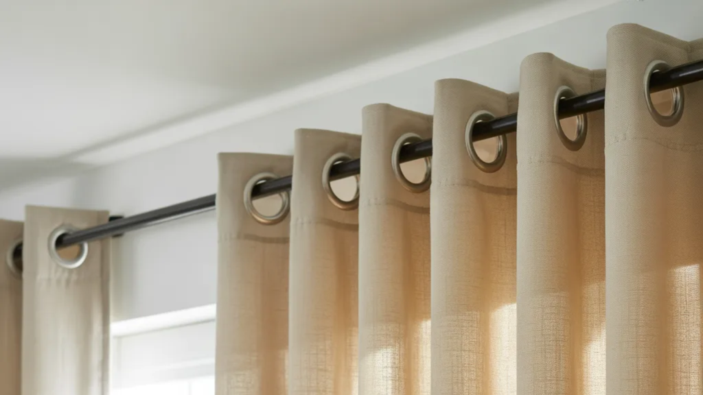 close-up of beige grommet curtains hanging from a dark metal rod, with sunlight filtering through the fabric