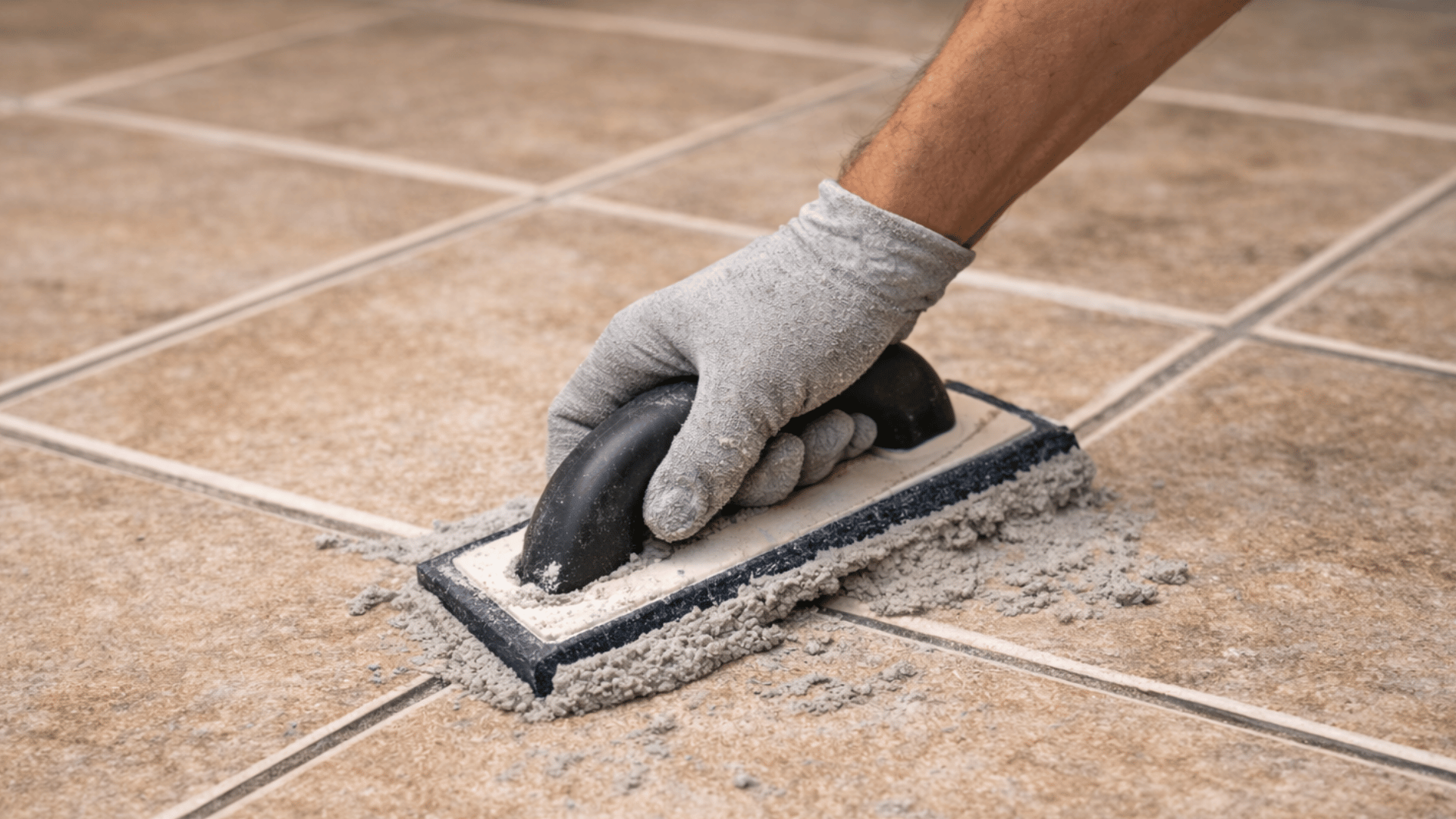 close-up of cement grout being applied between ceramic tiles on a kitchen floor, showing sanded texture