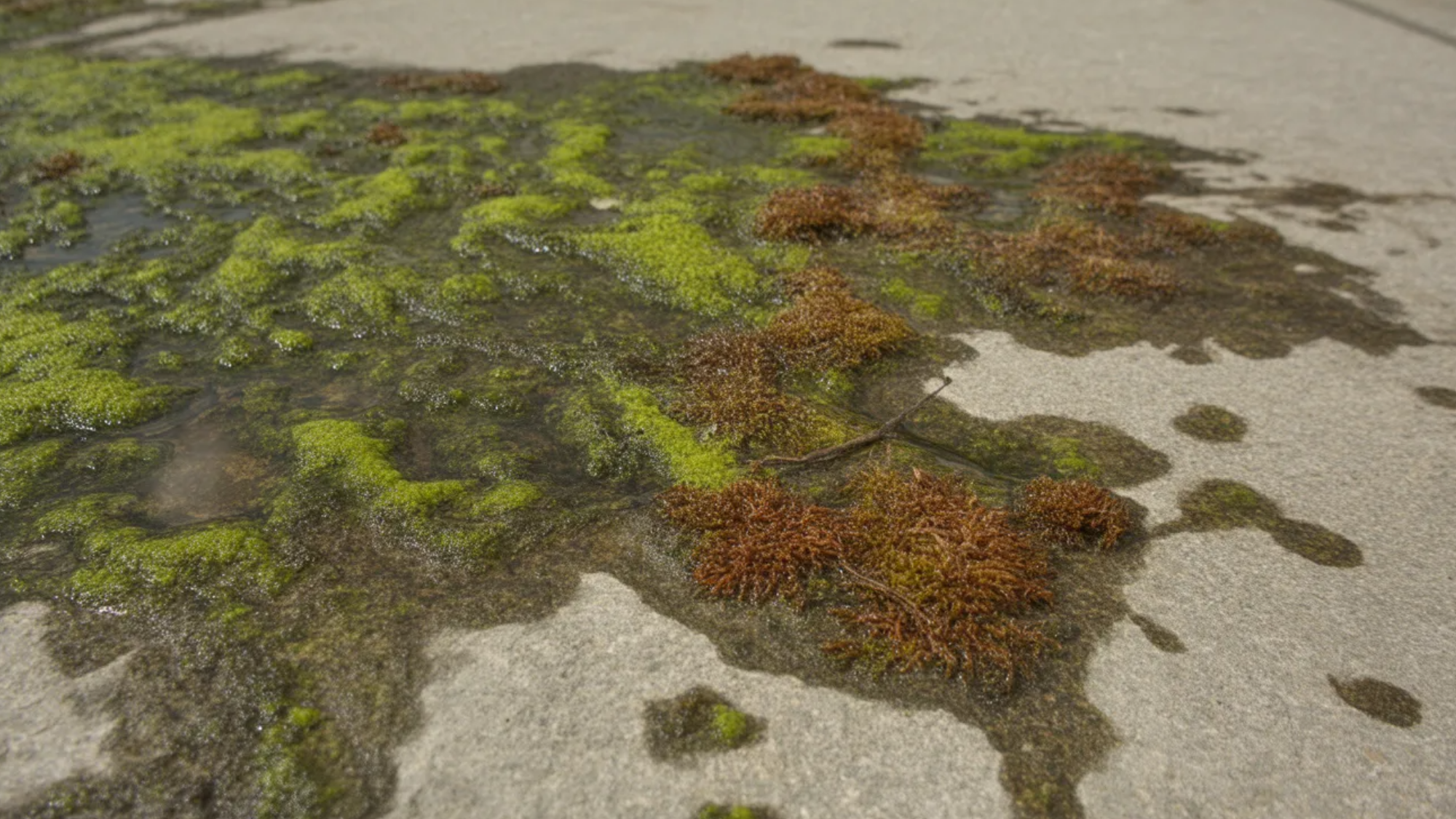 close-up of green and brown moss spreading across a damp concrete surface, with patches of moisture surrounding the growth