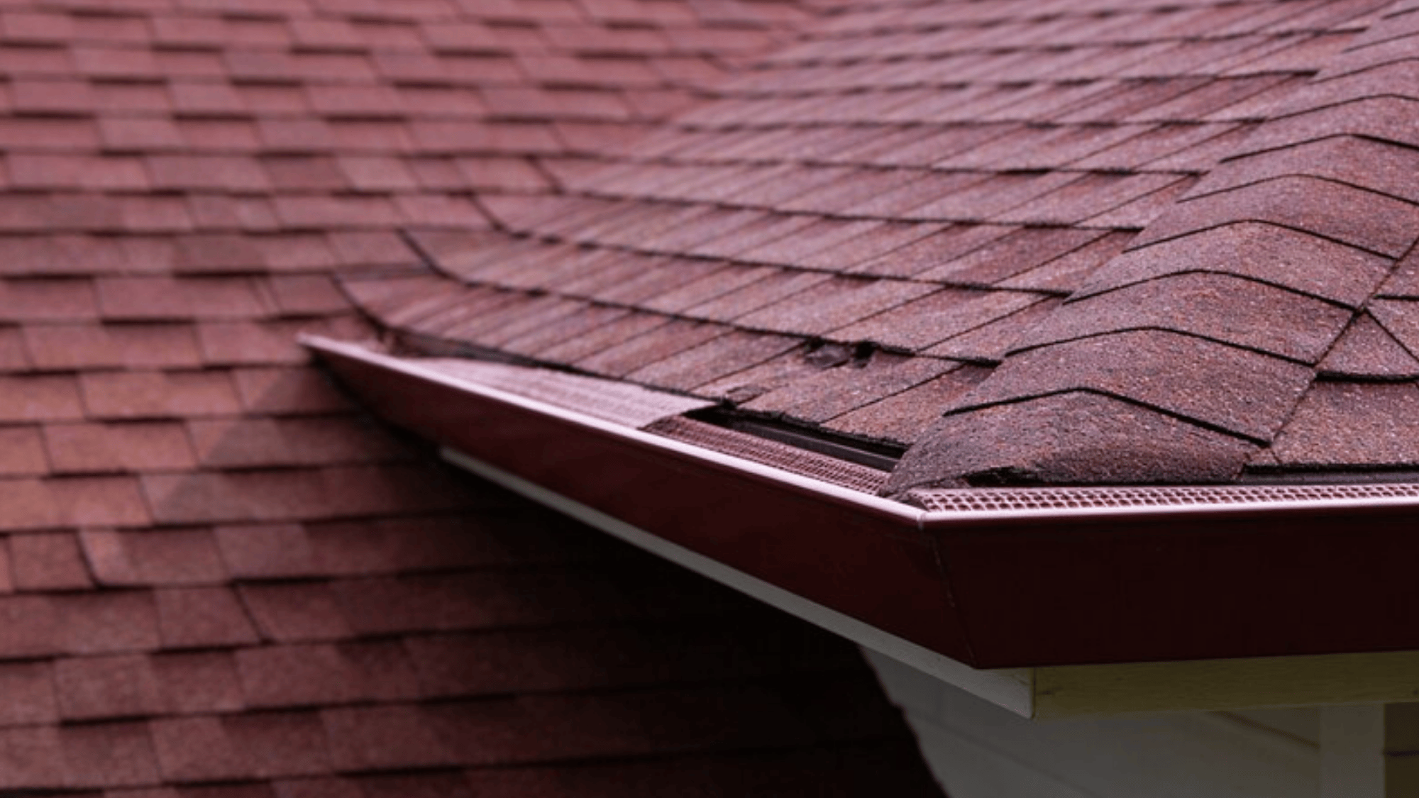 close-up of impact-resistant composition shingles on roof, textured granules, slate-gray tones, hail-dented test area