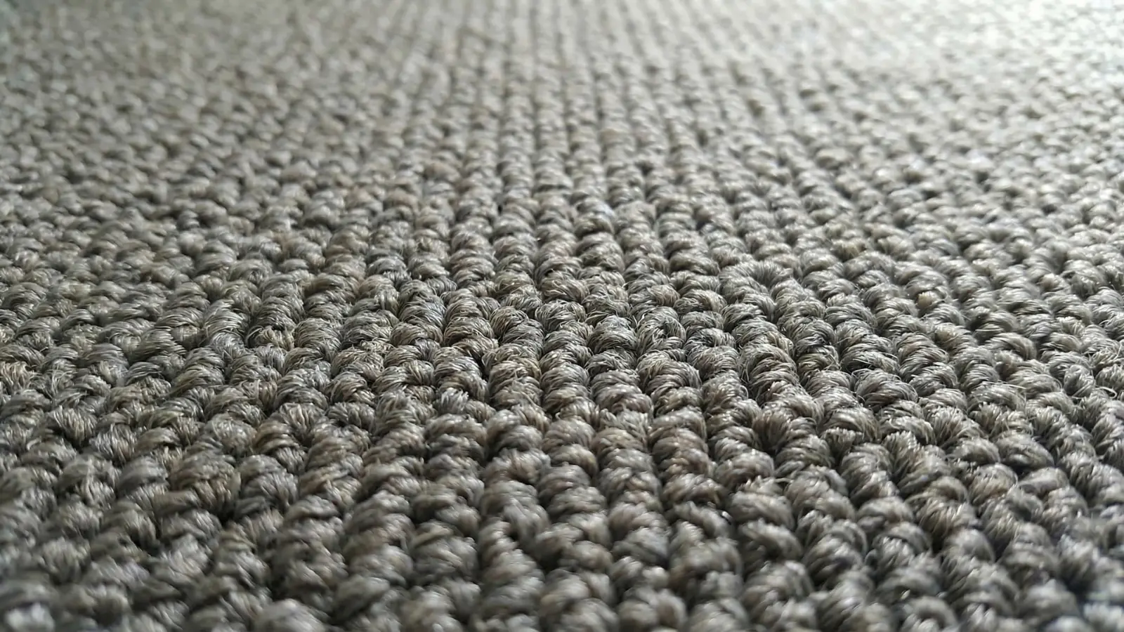 close-up of olefin carpet fibers with tight looped surface in earthy grey tone