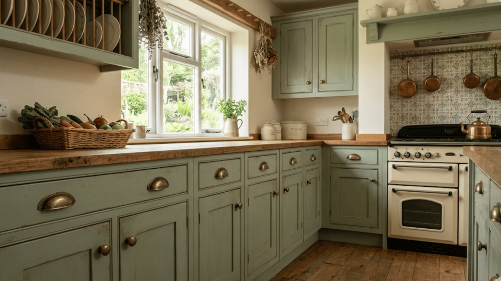 close up of sage green shaker drawers with antique brass cup handles and dark wood top.