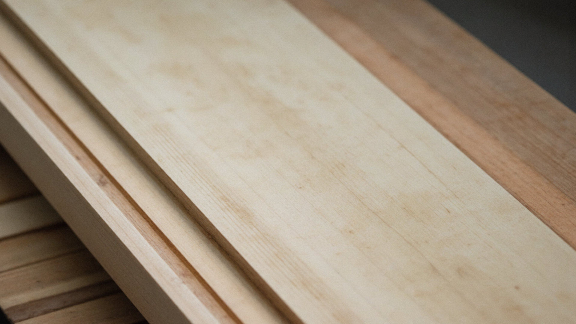 close up of smooth, light colored wood boards stacked together, showing fine grain patterns and clean, straight edges in a workshop setting