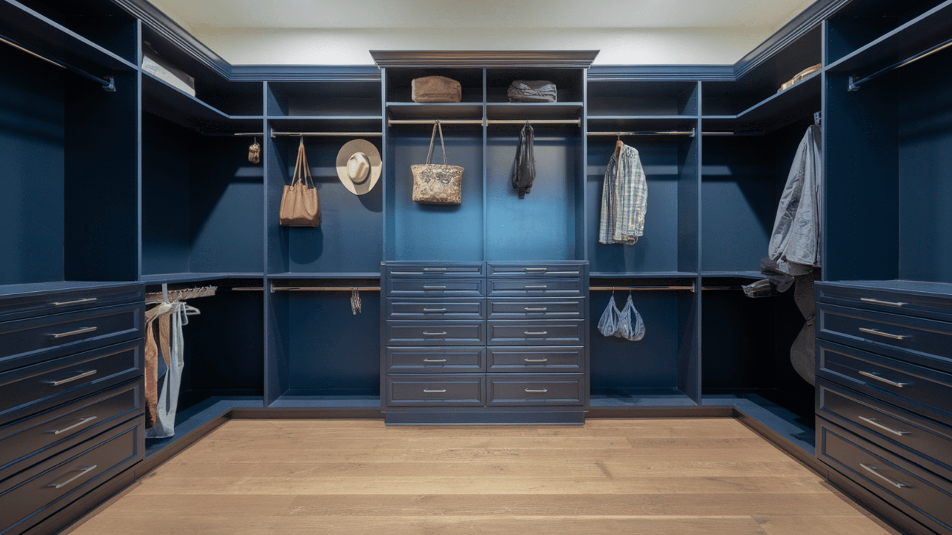 closet with dark navy or forest green cabinetry, adding a sophisticated, luxurious feel to the space