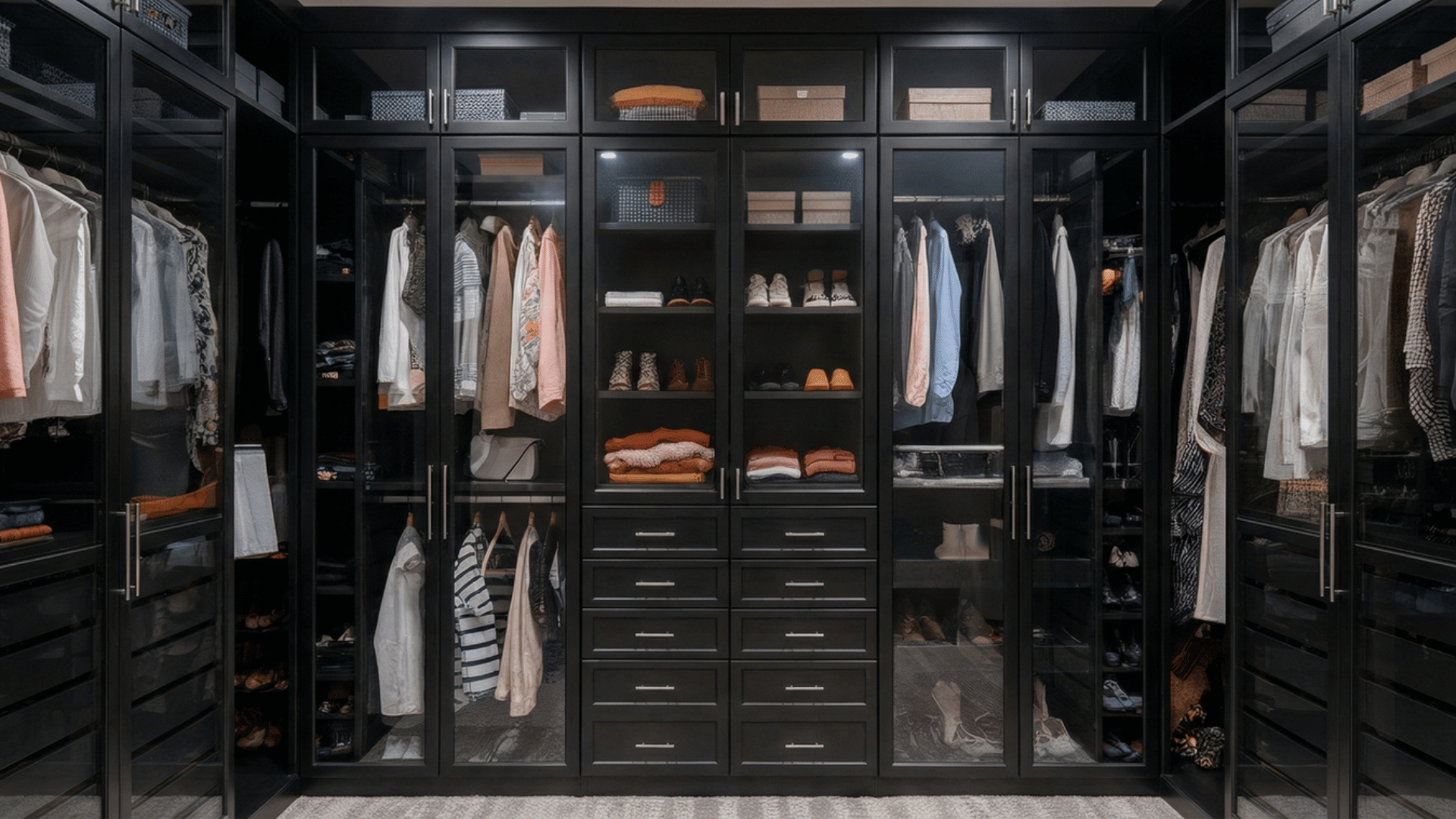 closet with glass doors on cabinets, combining open shelving accessibility with closed cabinetry protection