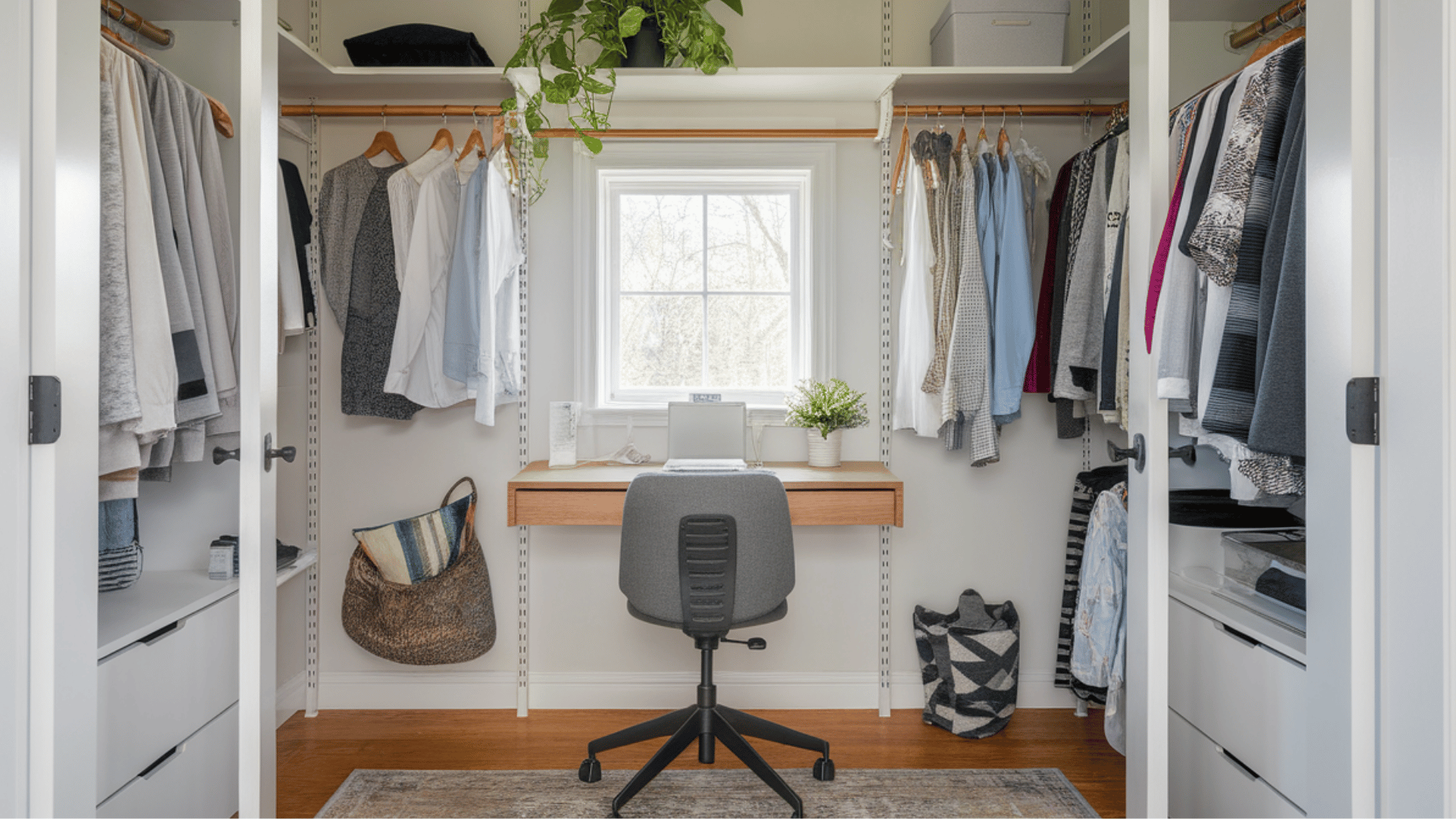 closet with integrated desk space, creating a multifunctional area for work and storage in a compact space