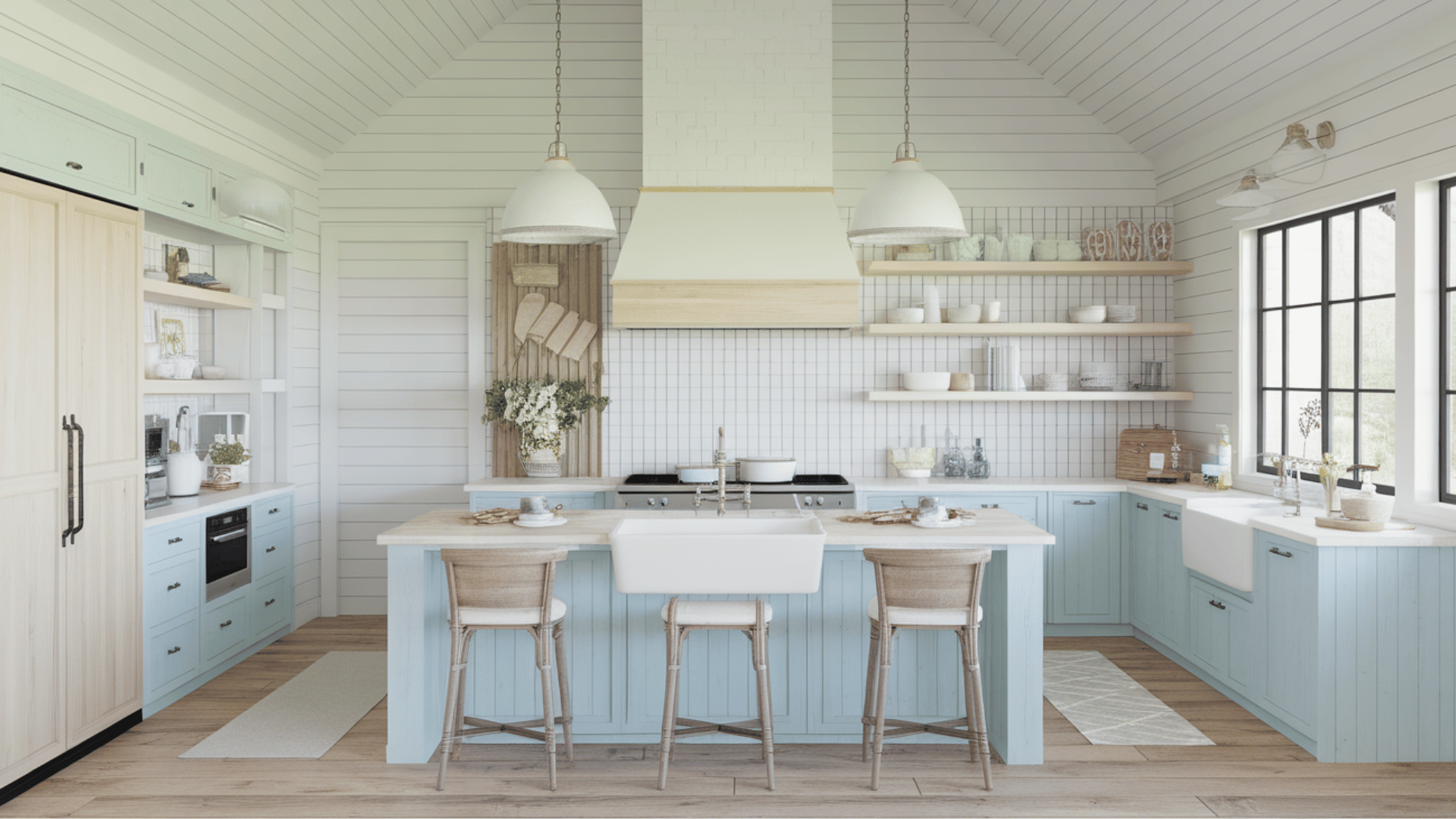 coastal farmhouse kitchen with pastel accents, distressed wood finishes, and large windows.