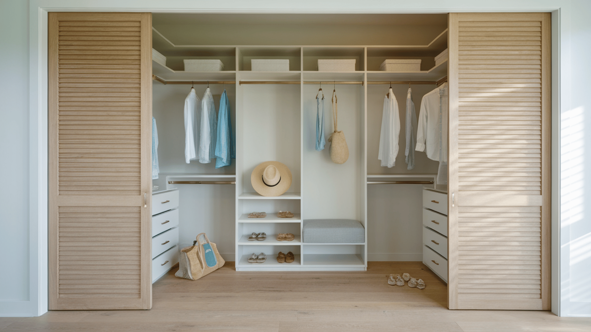 coastal-style closet with light oak wood, louvered doors, and soft colors for a relaxed, beachy vibe