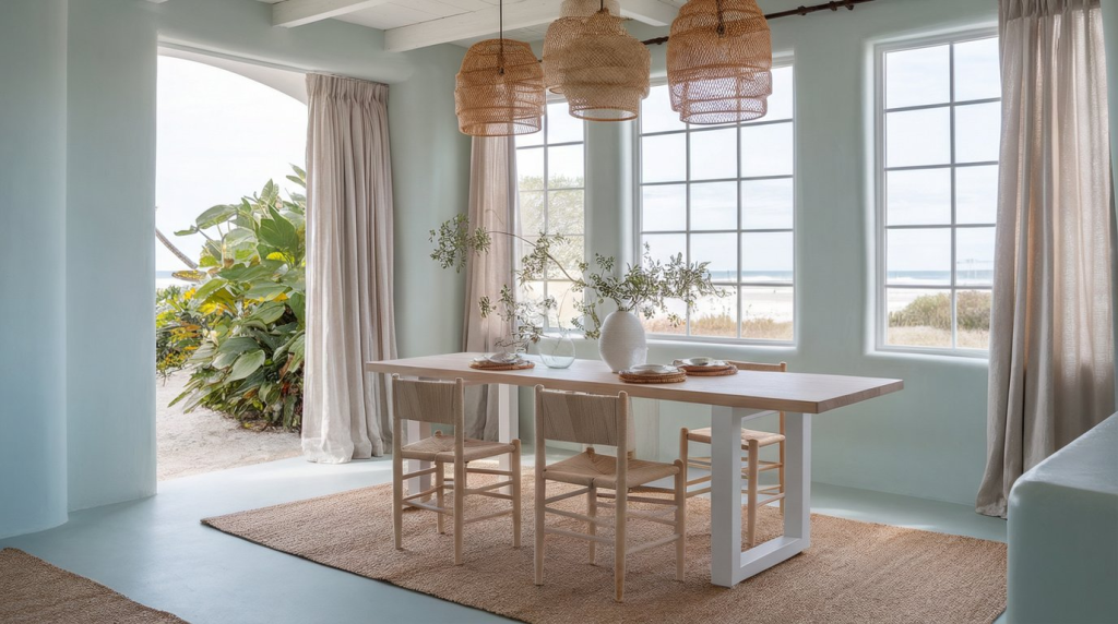 coastal transitional dining room with connected outdoor space