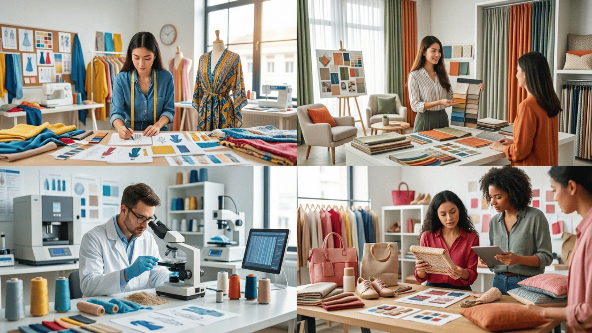 collage of four textile design careers showing fashion designer, interior designer, technologist, and product developer at work