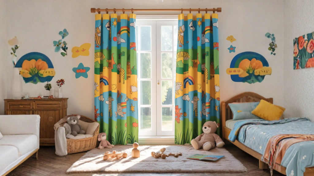 colorful children's curtains featuring playful animal and rainbow designs in bright shades of blue, yellow, and green