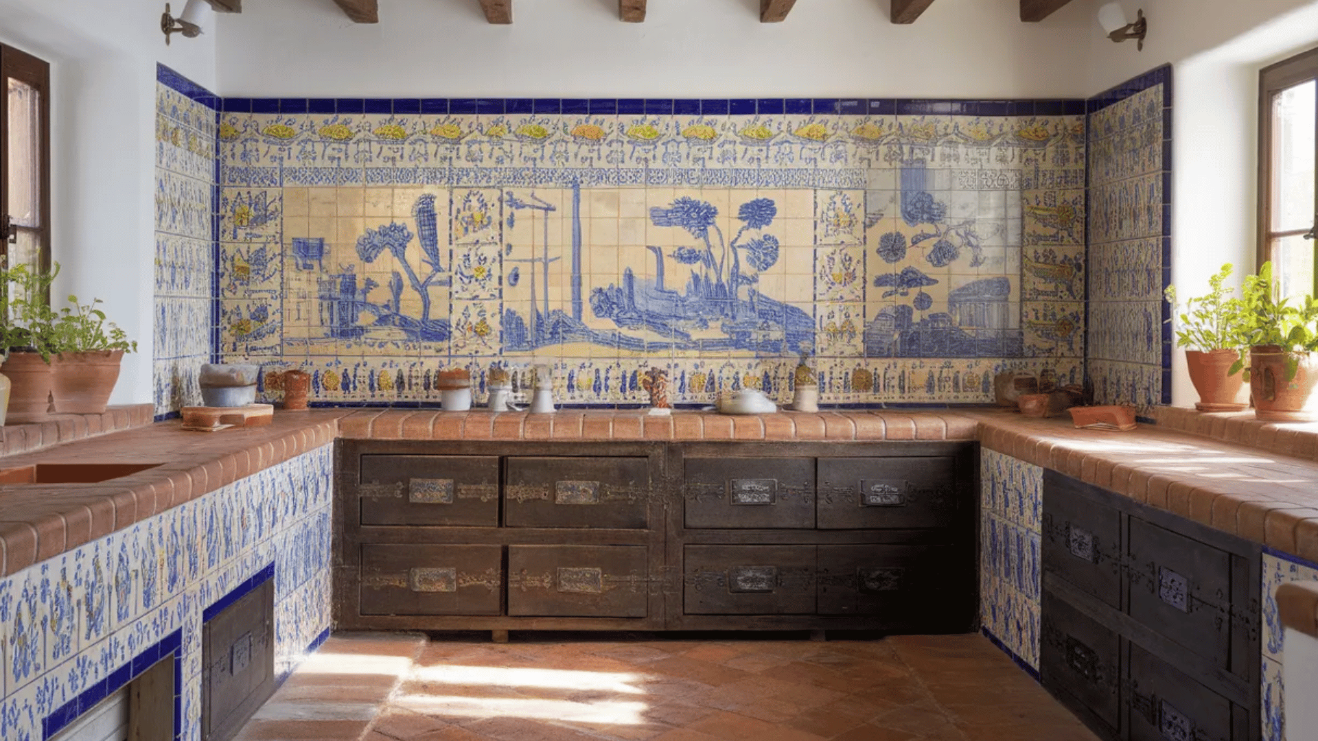 colorful patterned tile backsplash in a rustic Spanish-style kitchen. (1)