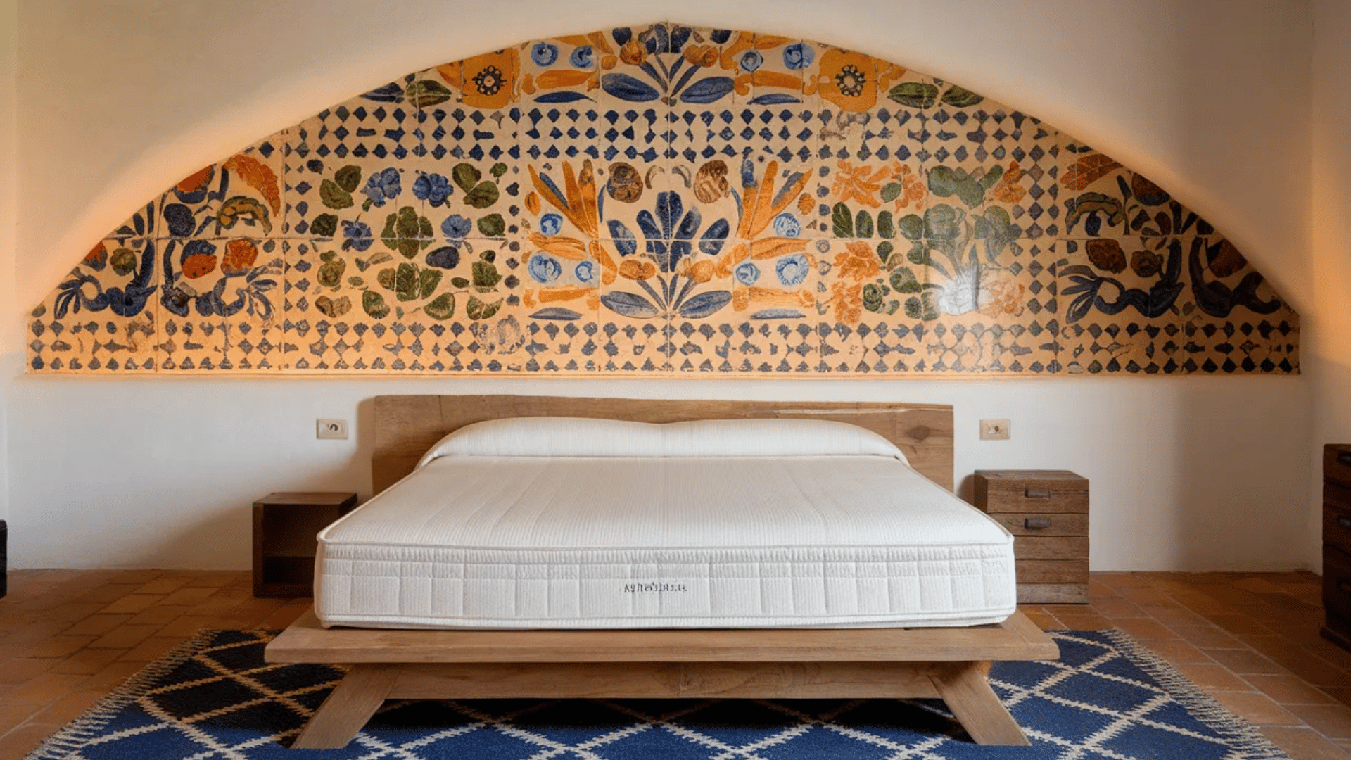 colorful tile feature wall behind the bed in a rustic bedroom