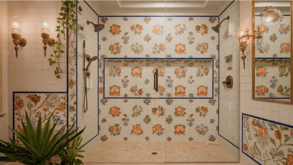 colorful vintage-inspired walk-in shower with floral tiles and brass fixtures.