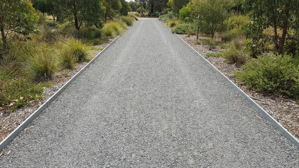 compacted gravel path with uniform surface and defined edges on both sides