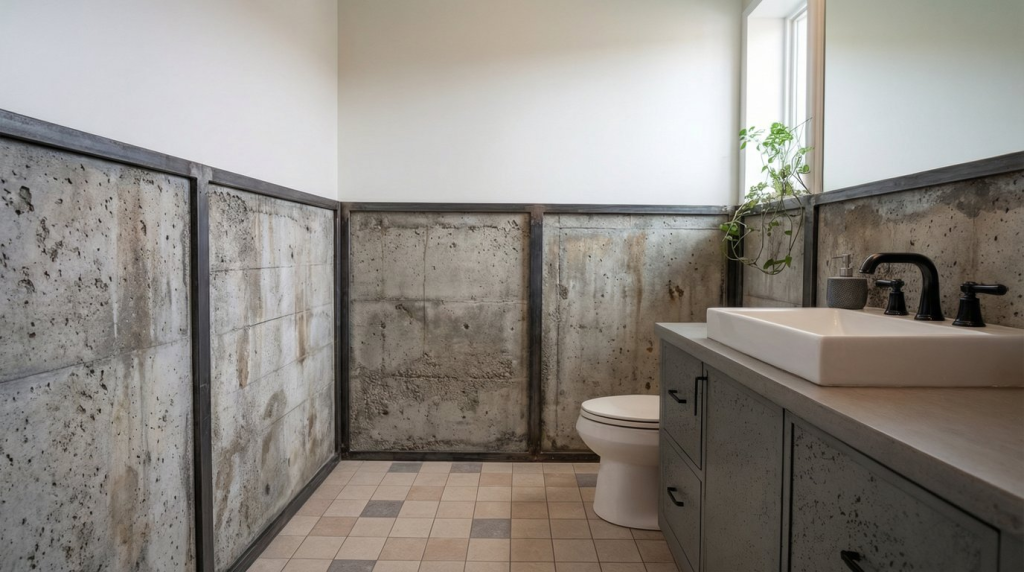 concrete style wall wainscoting in a small bathroom