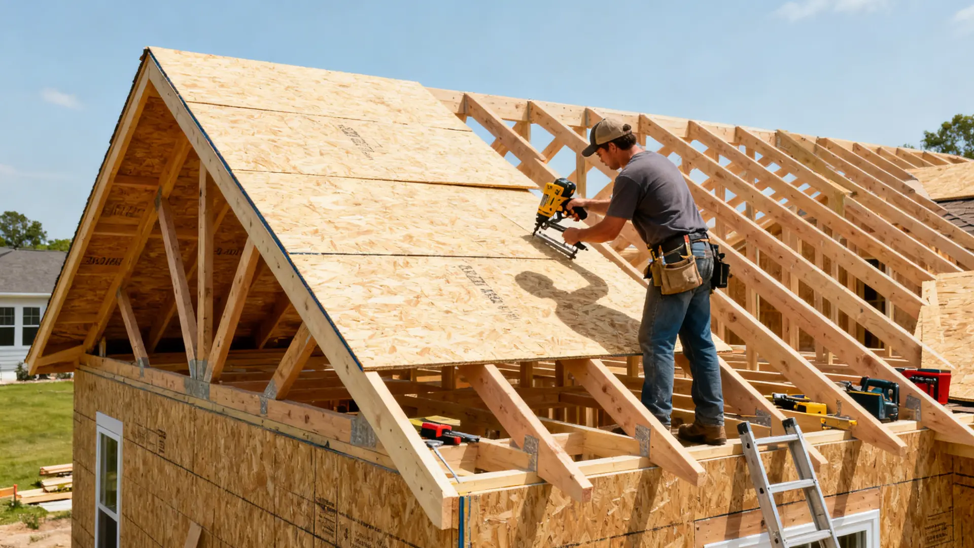 contractor installing plywood roof de king on house rafters