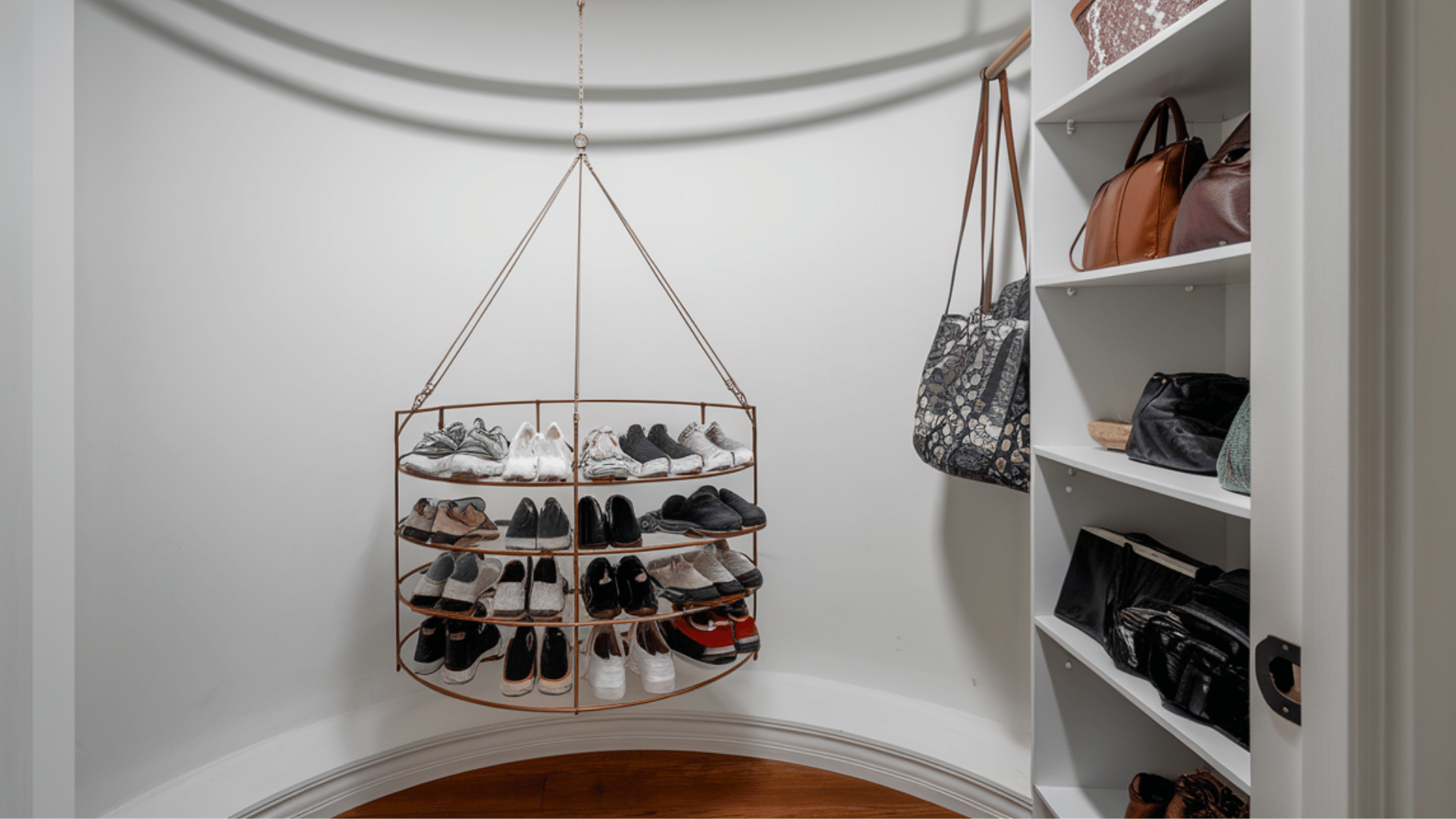 corner closet with curved rods and a lazy susan shoe rack for maximizing storage