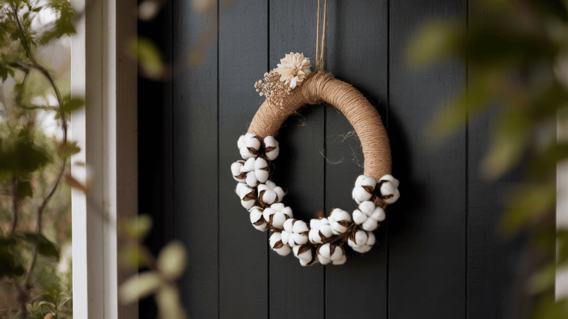 cotton stem wreath with white bolls hung on a dark farmhouse door with a piece of jute twine