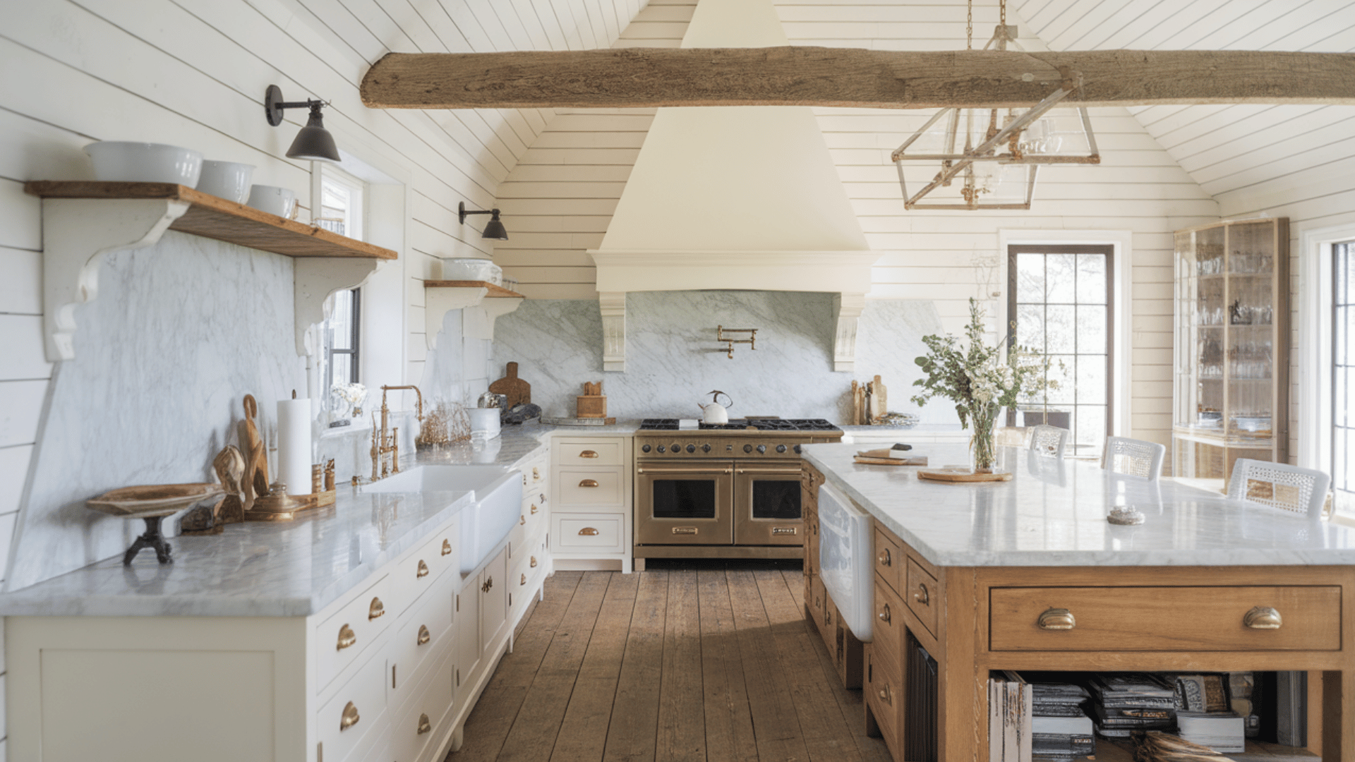 country chic kitchen with whitewashed cabinetry, shiplap walls, brass hardware, and marble backsplash.