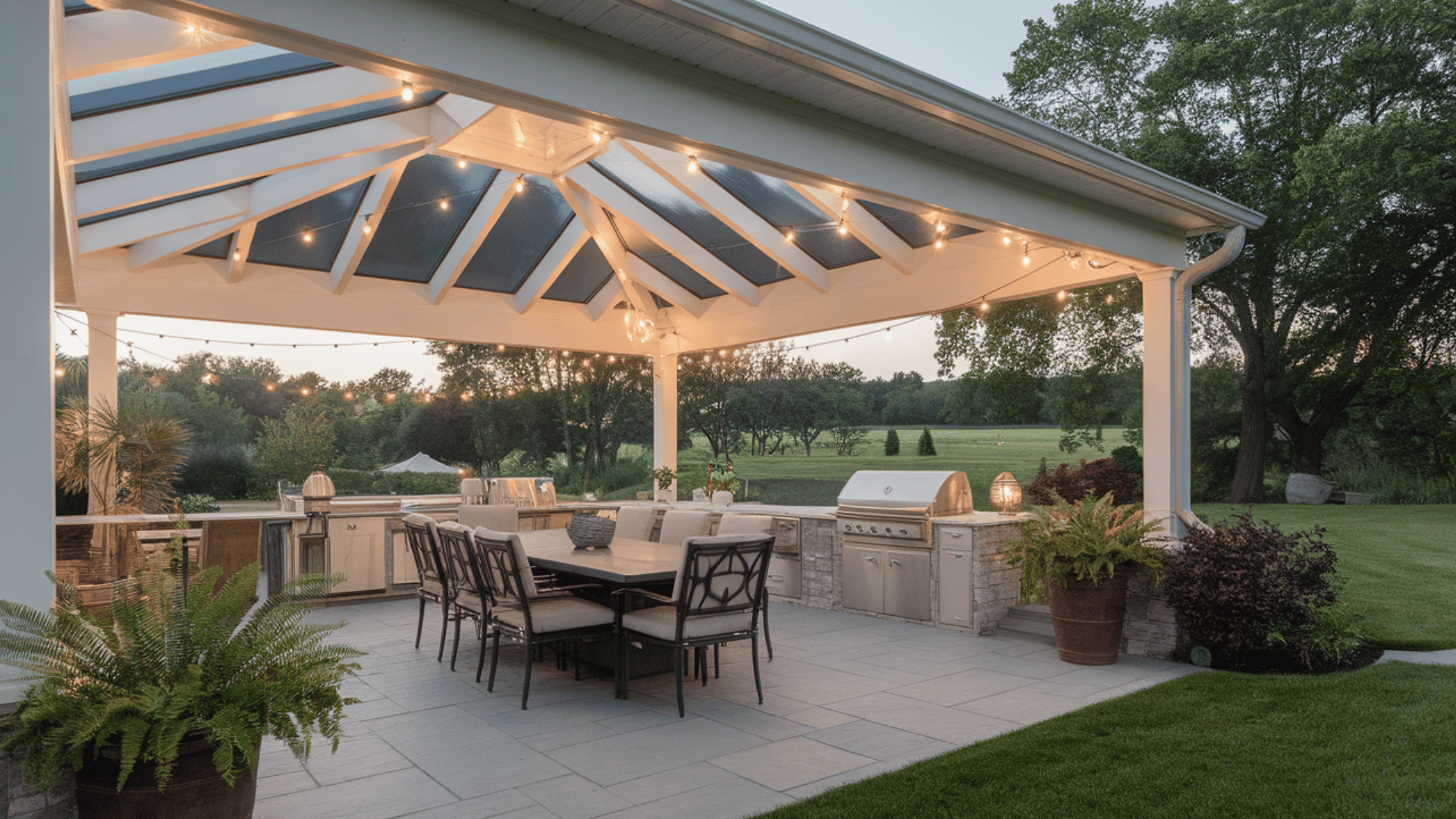 covered dining area with skylights for year-round outdoor dining