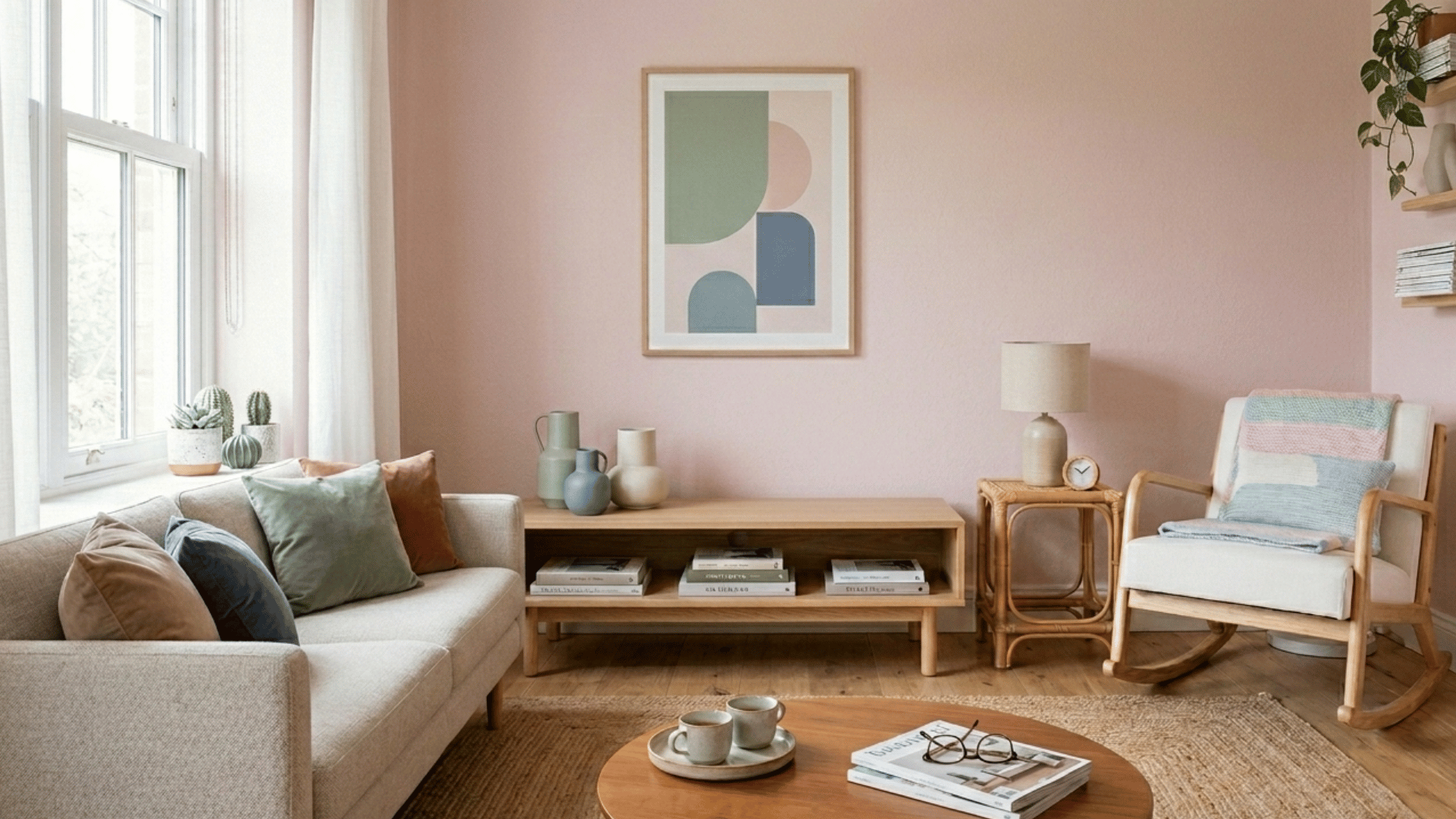 cozy living room with a pink accent wall, soft sofa, and wooden coffee table